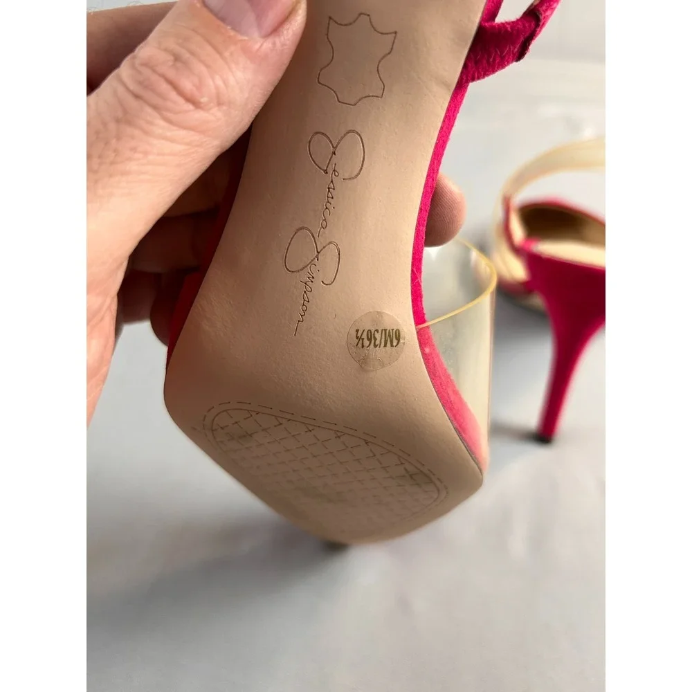 Jessica Simpson Women Heels Pumps Red Suede Pointed Toe Stiletto Clear Strap SZ6